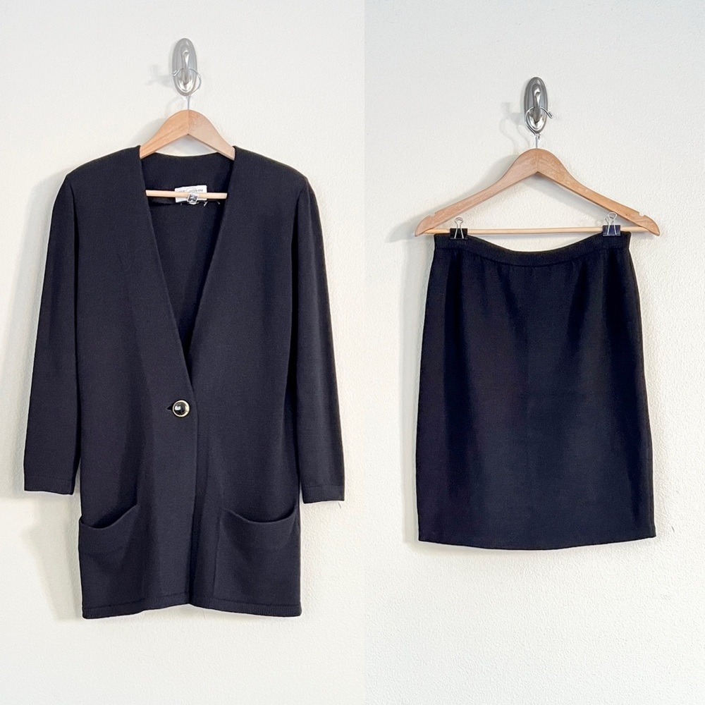 ST. JOHN Santana Knit Cardigan Jacket + Skirt SET in Black